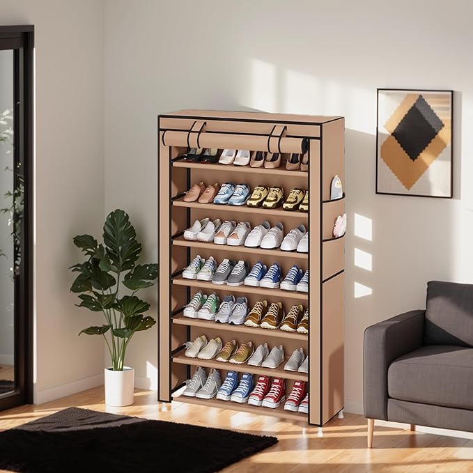 Laiensia 7-Tier Vertical Shoe Rack Organizer, Space Saving Shoe Storage Organizer, Non-Woven Cover Shoe Shelf Holds 28-35 Pairs for Bedroom, Hallway, Closet Entryway, Brown