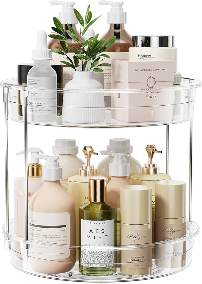 LAMU 12inch 2 Tier Lazy Susan Turntable Organizer Rotating Spice Rack Organization for Cabinet, Kitchen, Pantry, Countertop, Bathroom, Vanity, Medicine Cabinet Organizer, Clear