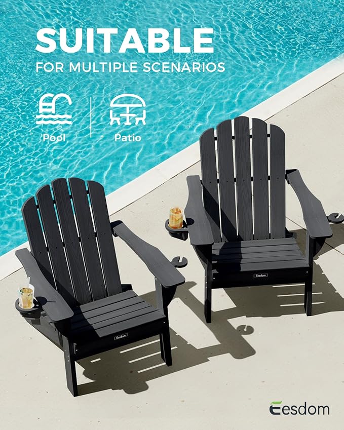 Folding Adirondack Chairs Set of 4,All-Weather HDPE Fire Pit Chair with 2 Cup Holders, Plastic Outdoor Chair for Patio Deck Garden Lawn, Black