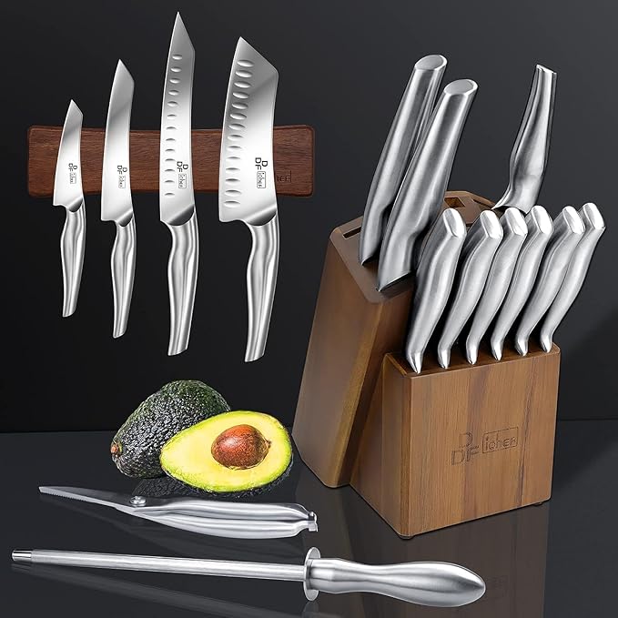Kitchen Knife Set with Block, DDF iohEF 16 PCS Knife Sets for Kitchen with Block Japanese Stainless Steel, Ultra Sharp Chef Knife Set with Sharpener