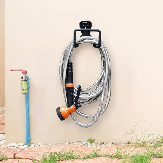 Besiter Garden Hose 50FT Stainless Steel Water Hose with 10 Functions Adjustable Spray Nozzle, Heavy-Duty Metal Garden Hose Flexible Durable No-Tangle & Kink Leak Dog Proof Hose for Yard Lawn(Orange)