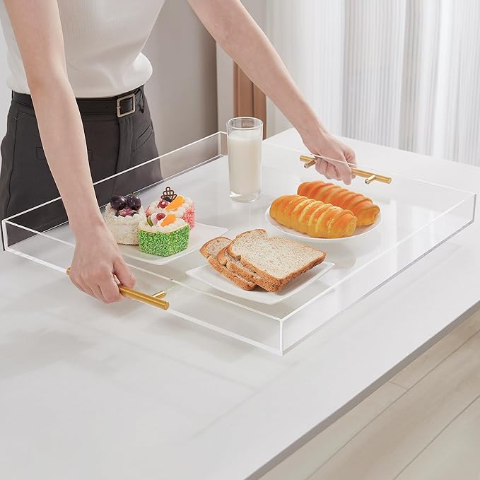 Extra Large Clear Acrylic Serving Tray (18×18 Inches) with Gold Handles Spill Proof Acrylic Over Size Big Decorative Tray Organiser for Ottoman Coffee Table Countertop