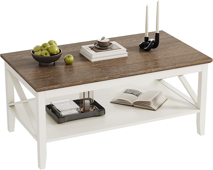 ChooChoo Farmhouse Coffee Table, Wooden Coffee Tables with Thicker Legs, White Coffee Table with Storage for Living Room