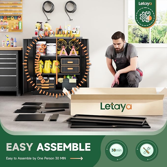 Letaya Metal Storage Cabinets with Lock Door,2 Adjustable Shelves Organizer Steel Storage Cabinets for Home,Office,Warehouse,Garage,Employee Lockers(Black)