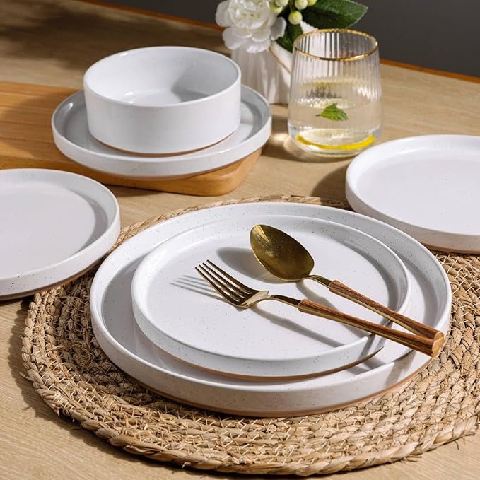 AmorArc Ceramic Dinnerware Set for 4 | Speckled Stoneware Plates and Bowls with unglazed terracotta | Scratch Resistant, Dishwasher & Microwave Safe Dishes Sets- 12-Pcs Milk White