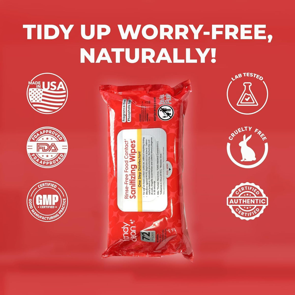 HandyClean Rinse-Free Food Contact Sanitizing Wipes Pouch, Multi Surface Cleaning Supplies for Kitchen and Professional Setting - 12 pack, 864 count