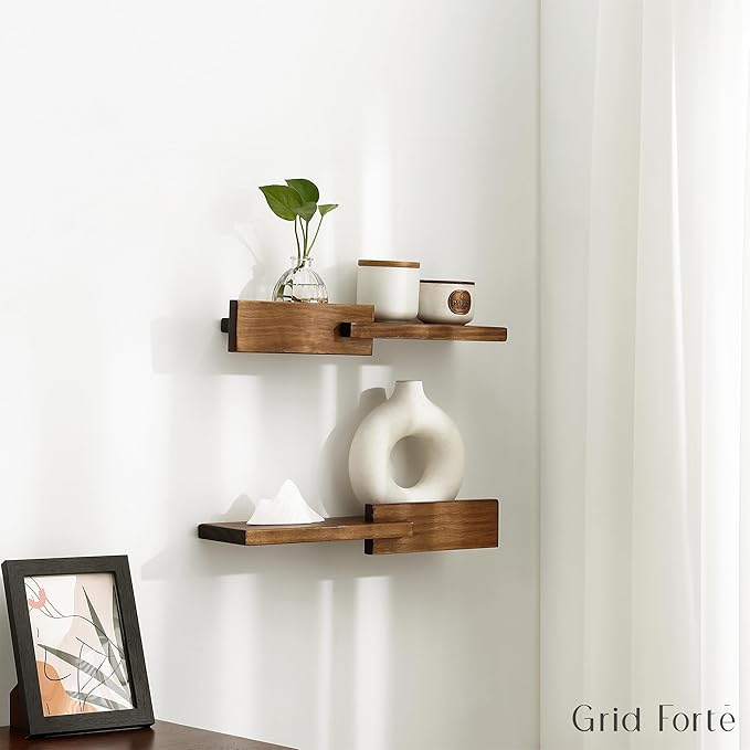 GRID FORTE Wood Floating Shelf Set of 2, 4.5D x 15W Inch Modern Reversible Wall