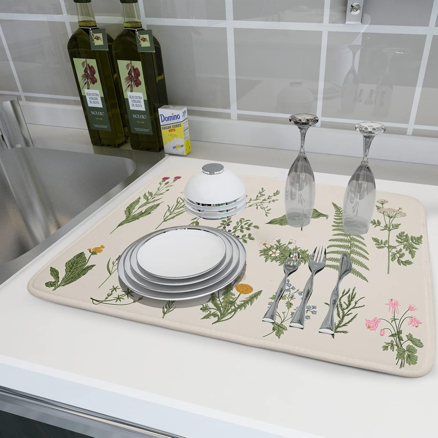Sage Flower Herbs Dish Drying Mat For Kitchen Counter 16x18 In Green Leaves Microfiber Absorbent Dishes Pad Wild Plant Herbs Drying Pad Dish Drainer Rack Absorbent Fast Dry Kitchen Accessories