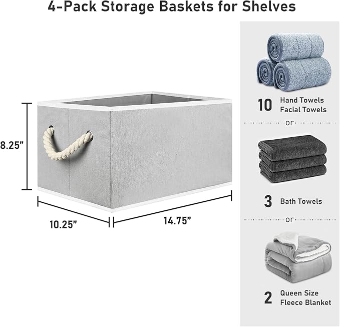 Closet Storage Bins, Linen Closet Organizers and Storage Basket for Shelves, Collapsible Shelf Baskets for Organizing Shelves, Bedroom Clothes Basket, Gray, 3 Pack