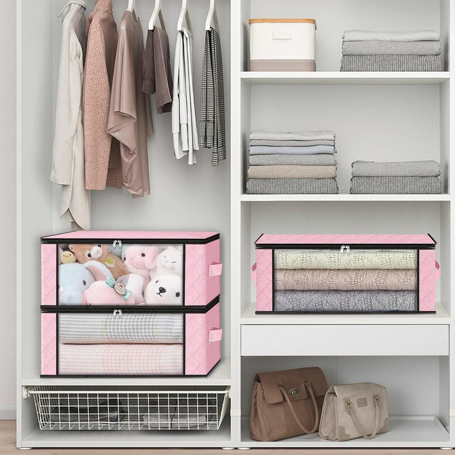 HomeHacks Storage 3-Pack Clothes Organizer Storage Bags Foldable Storage Box with Large Clear Window Sturdy Handles for Closet, Dorm, Pillows, Bedding, Clothes, Blankets, 35L, Pink