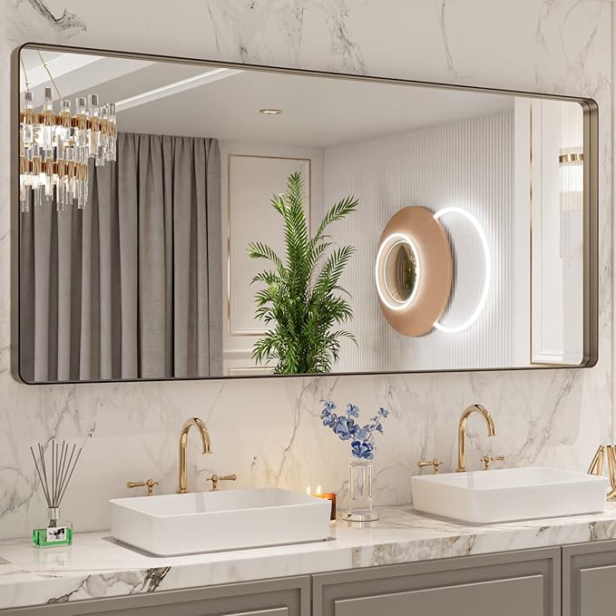 LOAAO 72”X32” Bronze Bathroom Mirrors for Vanity, Rounded Rectangle Brushed Bronze Metal Frame Mirror, Anti-Rust, Tempered Glass, Hangs Horizontally or Vertically