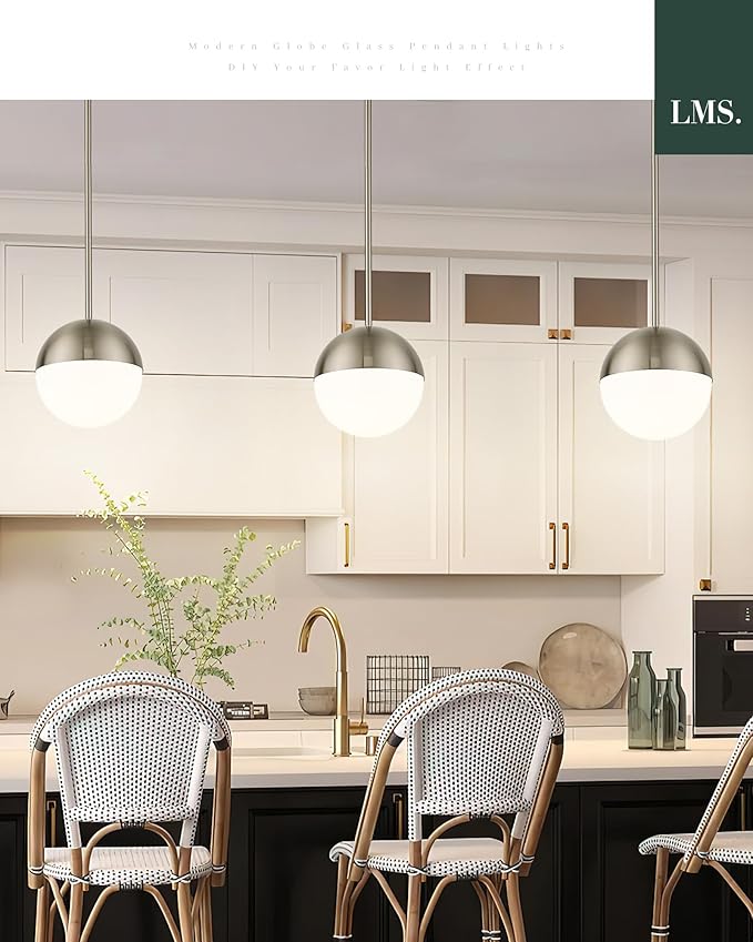 LMS 2 Pack Modern Pendant Lights, Mid Century Brushed Nickel Kitchen Lighting with White Globe Glass Shade, Adjustable Hanging Light Fixtures Ceiling Light for Home Office Dining Room, LMS-186BN2PK
