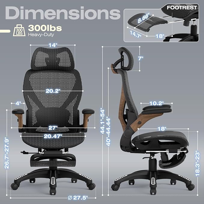 ELABEST X100 Ergonomic Office Chair with Footrest, Big and Tall Home Desk Chair with 5D Flip-Up Arms, Adjustable 3D Lumbar Support,High Back Rolling Computer Chair, Swivel Mesh Chairs (Library Oak)