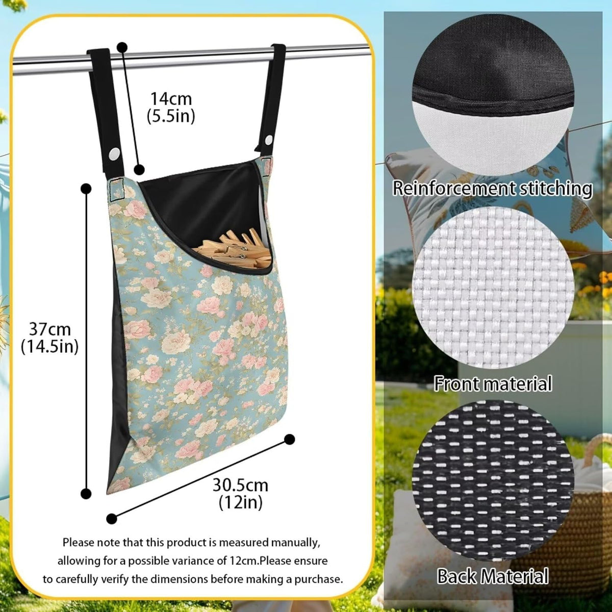 Clothes Pin Hanging Bag with Big Opening Storage Clothes Pins & Mini Clothespins Fits Retractable Clothes Line Outdoors - Flowers Pink
