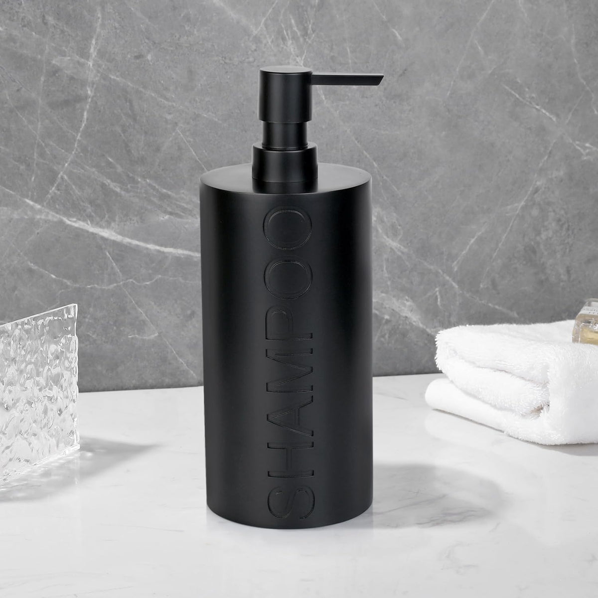 Matte Black Shampoo Dispenser Modern Refillable Pump Bottle with Embossed Text, Durable Resin Construction for Bathroom and Kitchen