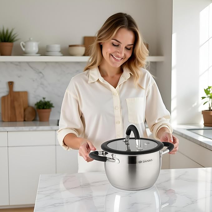Daniks Orlando Frying Pan With Lid Included, 11-Piece Stainless Steel Induction Cookware Set, Dishwasher Safe, Glass Lids, Heatproof Handles, Measuring Scale, Silver