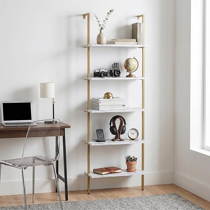 aboxoo Ladder Shelf 2PCS White Marble Bookshelf 5-Tier Wall-Mounted Wood Rack