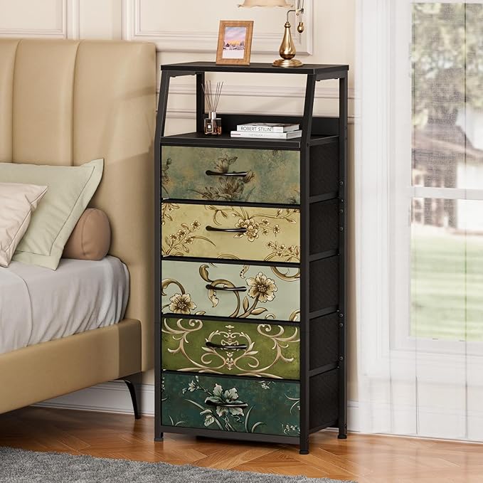 Furnulem Retro 5 Drawers Dresser, Tall Dressers for Bedroom, Closet, Hallway, Nursery, Fabric Storage Tower Organizer, Vertical Nightstand Side Table Furniture, Steel Frame, Wood Top