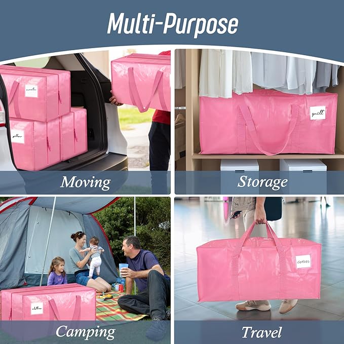 12 Pack Extra Heavy Duty Large Moving Bags with Strong Zipper & Comfortable Handles, Sturdy & Durable Clothes Storage Bags Totes Bins, Packing Moving Boxes for College Supplies, Pink