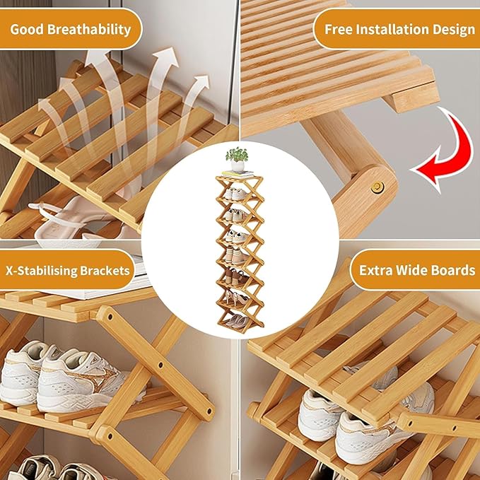 YYW Bamboo Shoe Rack for Entryway,Installation-Free and Foldable Vertical Shoe Storage Organizer,Free Standing Shoe Racks Shelf Closet Shoe Organizer for Living Room (Nature-8 Layers)
