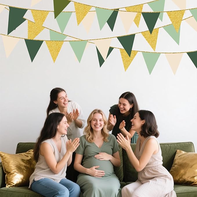 Sage Green Gold Party Decorations Pennant Banner Flag Oilve Green Cream Beige Gold Hanging Glitter Paper Triangle Bunting for Neutral Baby Shower Birthday Wedding Woodland Jungle Safari Party Supplies