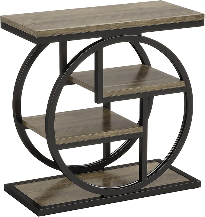 Tribesigns End Table for Living Room, 4-Tier Narrow Side Table with Storage Shelves, Industrial Bedside Table for Bedroom, Wood Small Sofa Side Table with Geometric Metal Frame (1 PC, Grey)