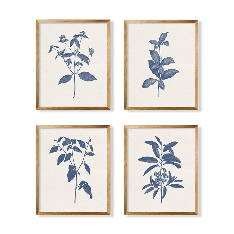 French Country Minimalist Plant Wall Decor - Blue Botanical Sketch Drawing Etching Wall Art - Farmhouse Leaf Poster Kitchen - Beige Neutral Vintage Flower Print Picture - Antique Minimal Blue Floral