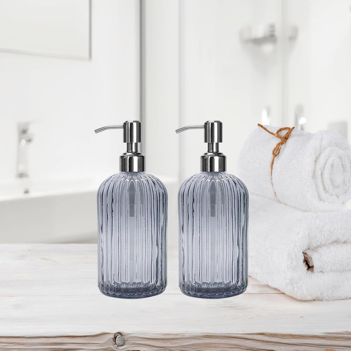 Grey Glass Soap Dispenser 18 oz, 2 Pack Hand Dish Soap Dispensers Bathroom with Stainless Steel Pump, Refillable Kitchen Liquid Decorative Bottles for Hand Sanitizer, Lotion