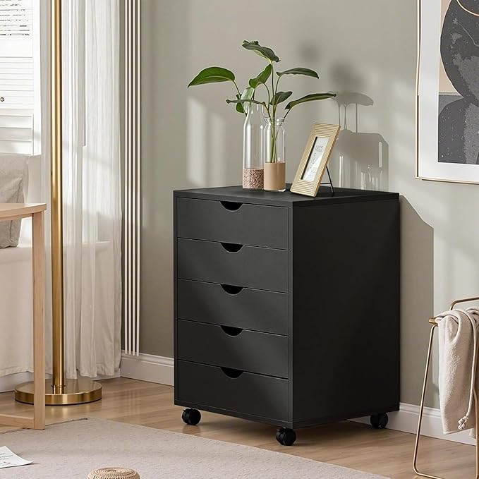 OLIXIS 5 Drawer Mobile File Cabinet Under Desk Storage Organization with Wheels Vertical Filing Chest Rolling Wood Small Desk Printer Stand for Home Office, 15.75"D x 18.74"W x 25.39"H, Black