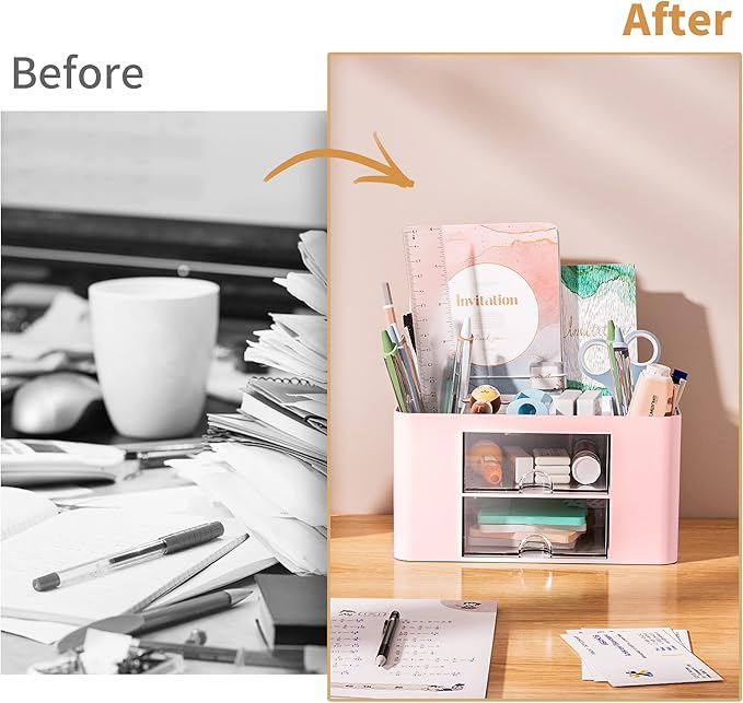 Marbrasse Pen Organizer with 2 Drawer, Multi-Functional Pencil Holder for Desk, Desk Organizers and Accessories with 5 Compartments + Drawer for Office Art Supplies (Pink)