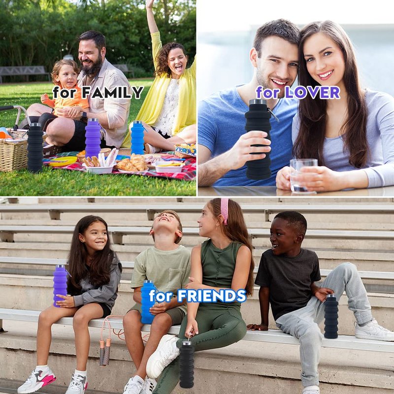 Ummigi Collapsible Water Bottles,17oz Large capacity Silicone Water Bottle with Carabiner,Reusable Foldable Lightweight Sports Water Bottle for Travel Gym Camping Hiking (Blue + Purple)