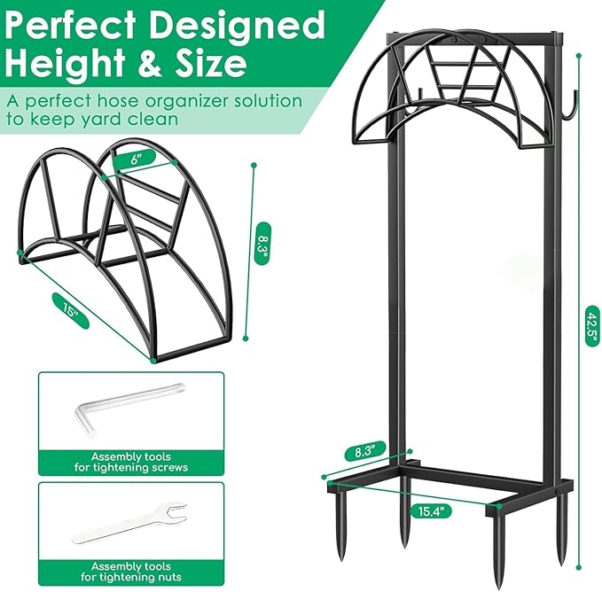 TomCare Garden Hose Holder 4 Spikes Garden Hose Reel Hose Stand Upgraded Water Hose Storage with Tool Hooks Garden Hose Hanger Organizer Holds 160ft Hoses for Outside Yard Lawn, Black