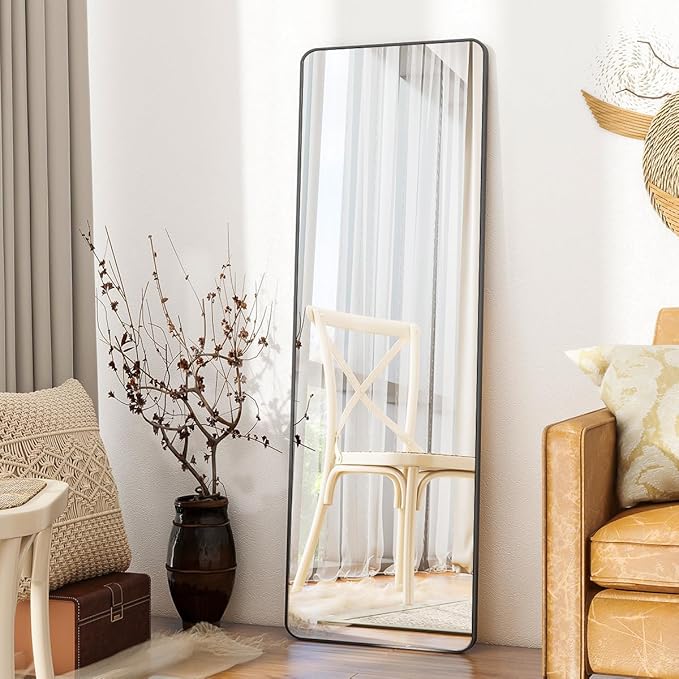 BEAUTYPEAK 59"x16" Mirror Full Length, Standing or Leaning Rounded Corner Full Body Floor Mirror with Metal Framed,Suitable for Living Room or Bathroom,Black