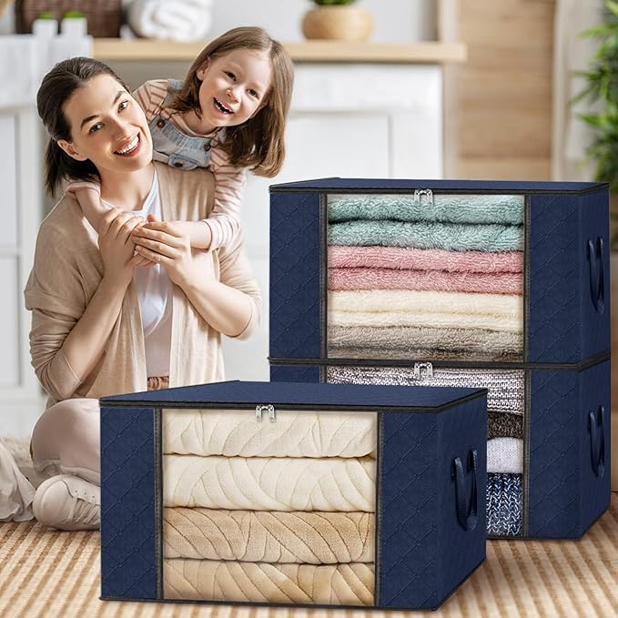 Fab totes Storage Bags,Clothes Blanket Storage Bins Foldable Closet Organizers with Reinforced Handle for Home Dorm Storage and Organization,Fabric Bags for Organizing Sheets,Clothing (Blue,3 Pack)