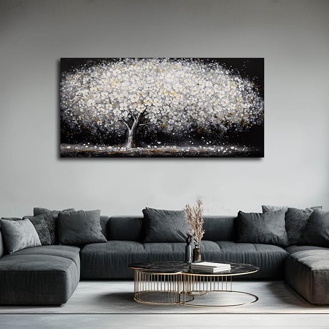 NBAODAN Large Modern Artwork Black and White Tree Picture Wall Decor Canvas Wall Art for Living Room Dining Room Kitchen Bedroom 29"x58" White Floral With Gold Decorations