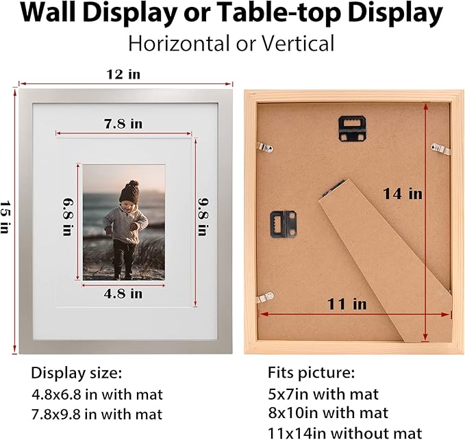 KINLINK 11x14 Picture Frame Light Grey, Solid Wood Frames with Acrylic Plexiglass for Pictures 5x7/8x10 with Mat or 11x14 without Mat,Tabletop and Wall Display Set of 4