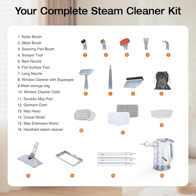 ScrubWiz 10-in-1 Steam Cleaner, Steam Mop & Detachable Handheld Steam Cleaner, 320ml Water Tank, 10s Fast Heating, Portable Steamer for Kitchen, Floor, Tiles, Window, BBQ Grill, Car, Bright White
