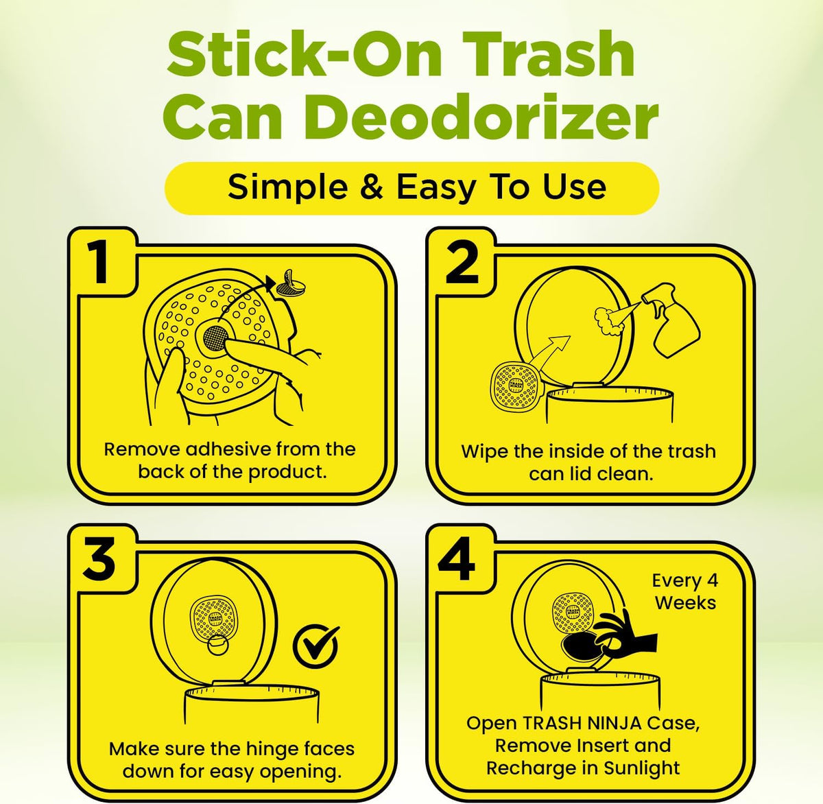 Trash Ninja Trash Odor Eliminator – Long-Lasting Citrus Scent Deodorizer with Activated Charcoal, Stick-On Freshener for Garbage Can, Fridge, Bathroom, Kitchen, and Diaper Pail Odors