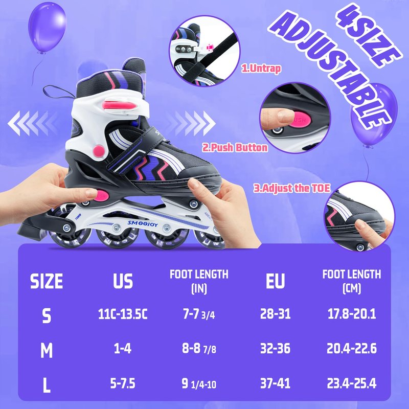 SMOOJOY Inline Skates for Kids Light-Up Wheels Aluminum Frame Black Rose Red Blade Skate for Boys and Girls S, M, L Sizes, Ages 8-12, Perfect for Beginners Indoors and Outdoors