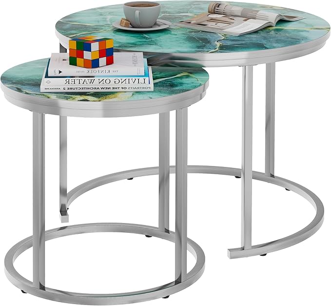 aboxoo Coffee Table Nesting Side Round Set of 2 End Table Green Art Table Top Sturdy Metal Frame Desk Centerpiece Living Room Bedroom Apartment Modern Industrial Simple Nightstand