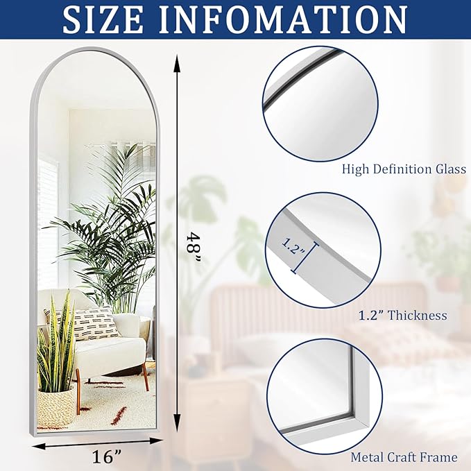 48x16 inches Arch Bathroom Full Length Mirror, Metal Aluminum Frame Modern