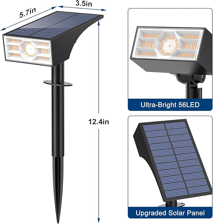 Solar Spot Lights Outdoor,2 Pack/56 LED Outdoor Lights for Yard Waterproof IP68, 4 Lighting Modes Solar Landscape Spotlights, Auto On/Off Solar Powered Flood Lights Garden Pathway,Warm White