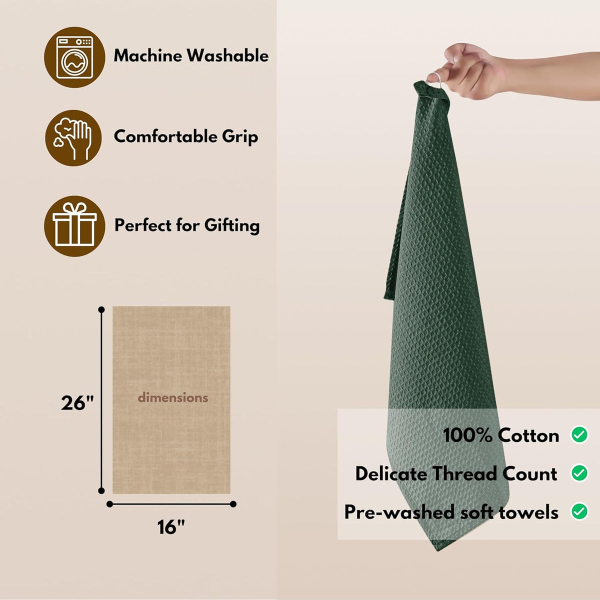 Native Fab Waffle Weave Dish Towels 12 Pack, 100% Cotton Kitchen Dishcloths with Hanging Loop, 16x26 Inches, Super Absorbent, Washable, Quick Dry for Kitchen Cleaning, Drying Dishes, Forest Green