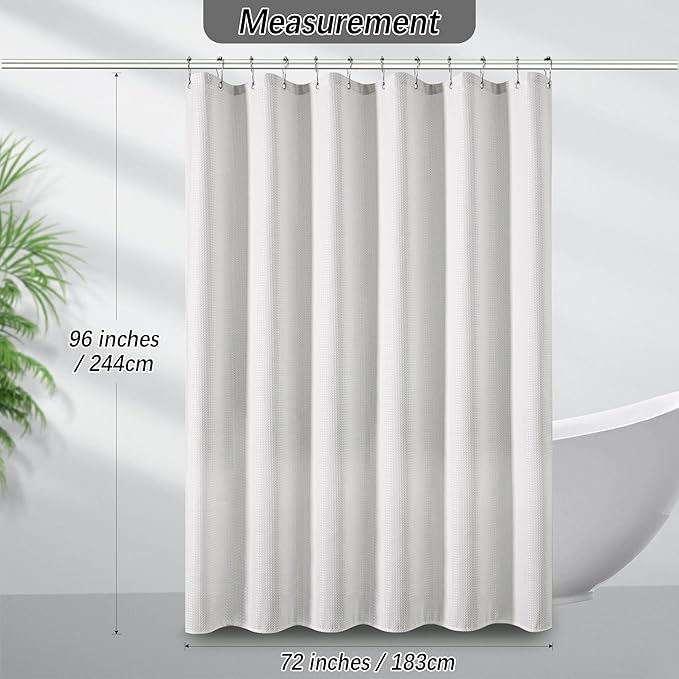 Waterproof Fabric Shower Curtain, Extra Long White Waffle Simple Neutral Weighted Shower Curtains for Bathroom, 256GSM Modern Ivory Thick with 12 Hooks, 72Wx96H