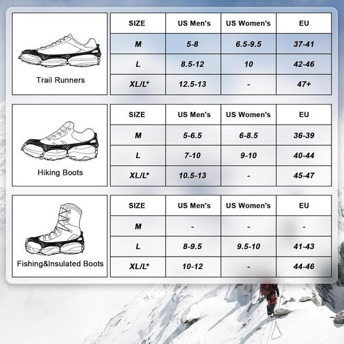 Ice Cleats Traction Snow Grips - 19 Stainless Steel Spikes Crampons for Hiking, Fishing, Walking, Climbing (X-Large)