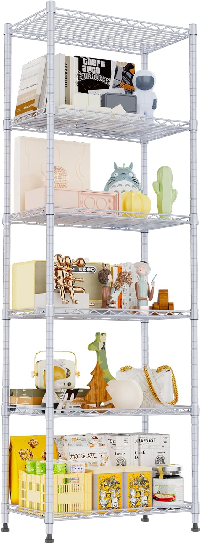 REGILLER 6 Wire Shelving Steel Storage Rack Adjustable Unit Shelves for Laundry Bathroom Kitchen Pantry Closet(Silver,11.7" D x 21.4" W x 63" H)
