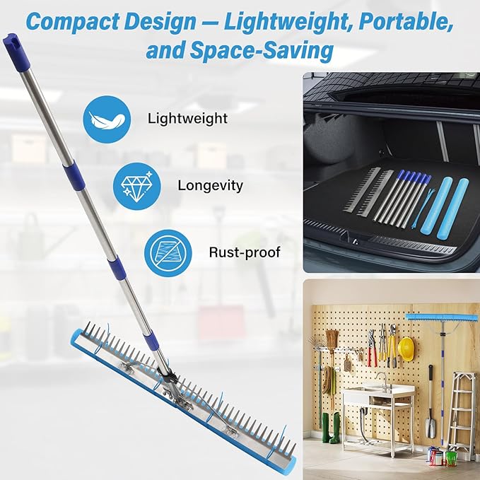 Aluminum Landscape & Lake Rake, 31'' Wide Heavy Duty Rakes for Gravel Driveway Leveling,Soil Loosening,Aquatic Weed,Algae Removal, Long Handle Landscaping Tool for Beach, Garden & Lawn Yard Cleaning