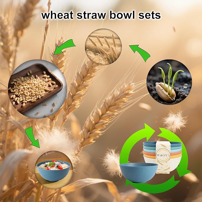 Wheat Straw Bowls for Kitchen set of 6,Anti-Scald Thick Soup Bowls 40oz,Microwave and Dishwasher Safe Bowl Sets, Unbreakable Cereal Bowl Sets. Vibrant Series