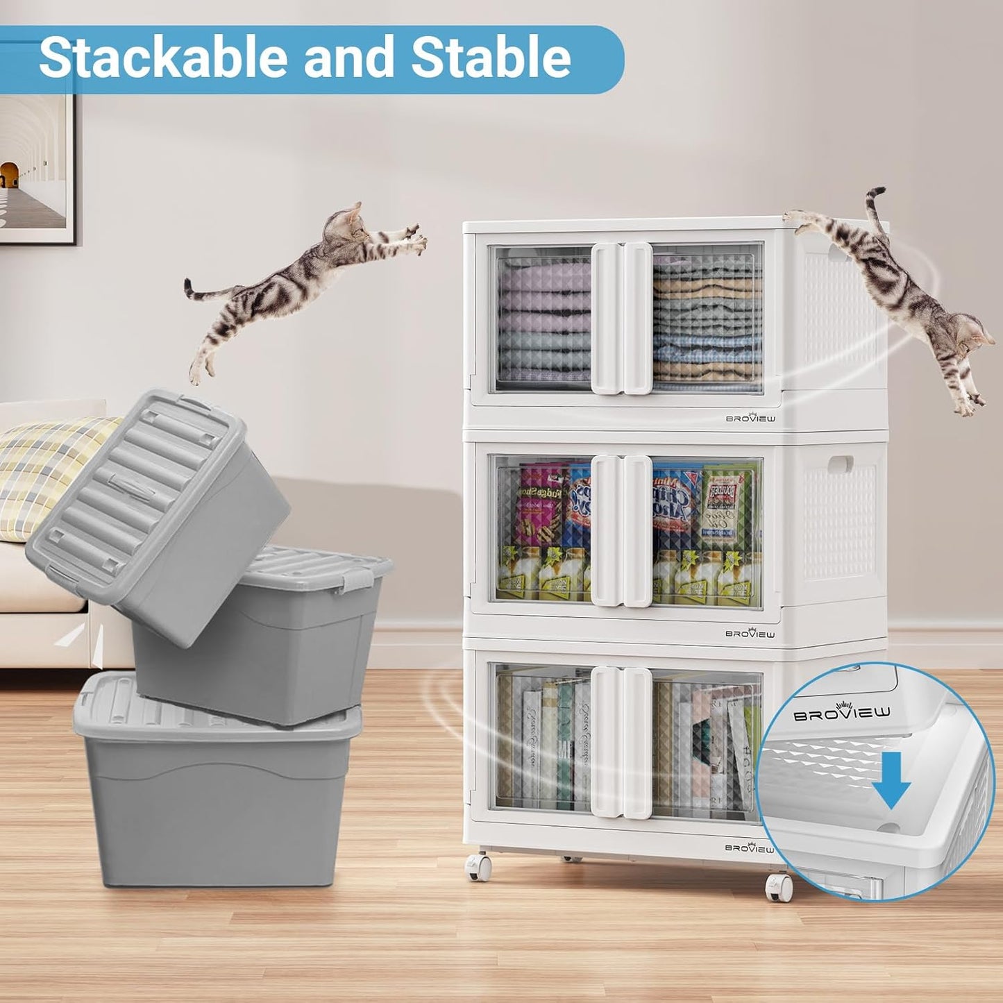 BROVIEW 400 Qt Stackable Storage Bins with Lids & Doors, 4 Pack Plastic Closet Organizer and Storage Drawers with Wheels, Large Collapsible Storage Boxes, Cabinet for Home, Office, V10, White
