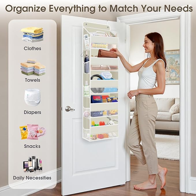 2 Pack Over The Door Organizer, Hanging Storage Organizer with Clear Window, 40lb Ultra Sturdy Large Capacity Room Organizer for Pantry Laundry Bathroom Nursery Closet (Beige)